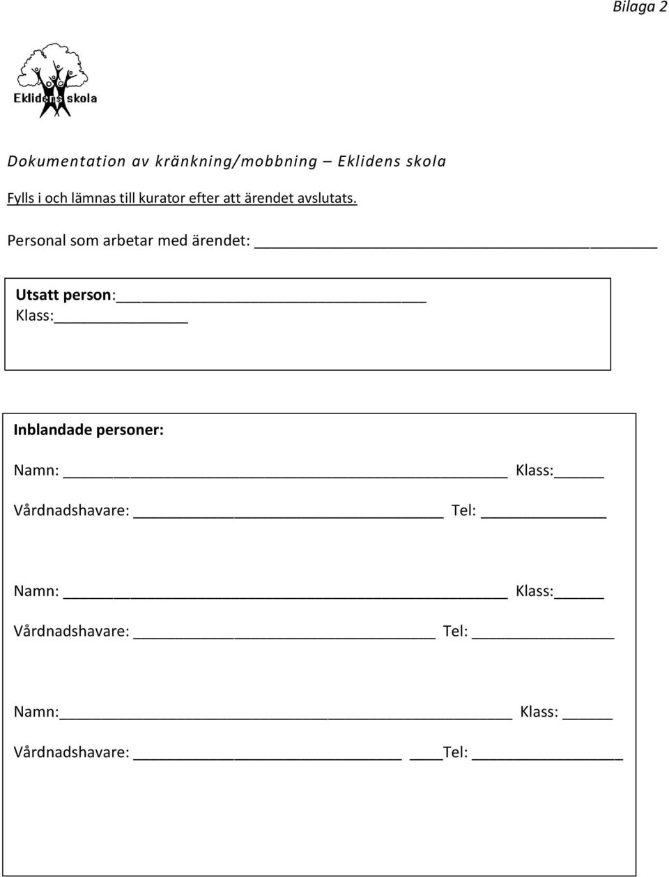 Personal som arbetar med ärendet: Utsatt person: Klass: Inblandade