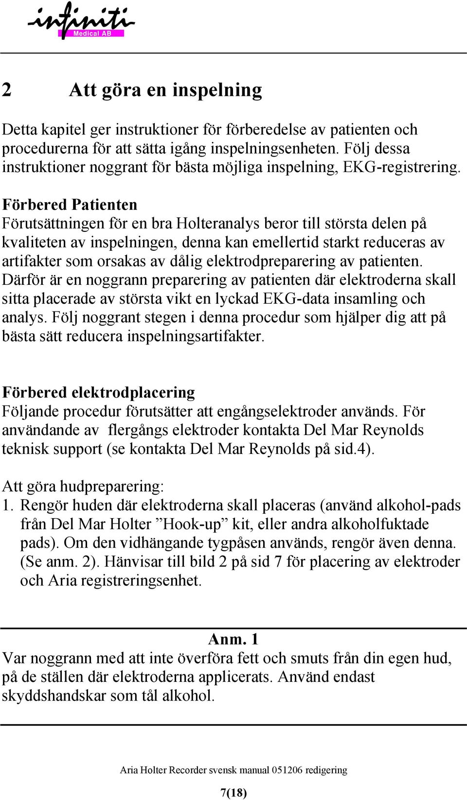 Förbered Patienten Förutsättningen för en bra Holteranalys beror till största delen på kvaliteten av inspelningen, denna kan emellertid starkt reduceras av artifakter som orsakas av dålig
