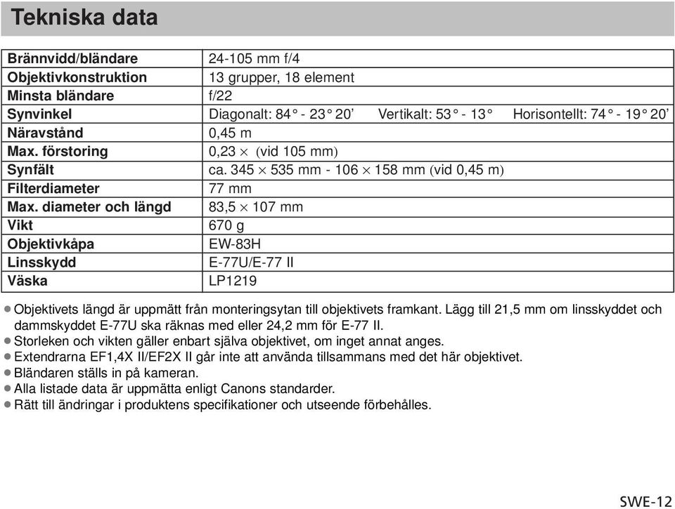 diameter och längd 83,5 107 mm Vikt 670 g Objektivkåpa EW-83H Linsskydd E-77U/E-77 II Väska LP1219 Objektivets längd är uppmätt från monteringsytan till objektivets framkant.