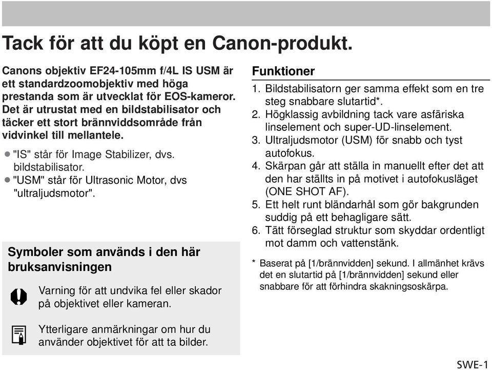 Symboler som används i den här bruksanvisningen Varning för att undvika fel eller skador på objektivet eller kameran. Funktioner 1.