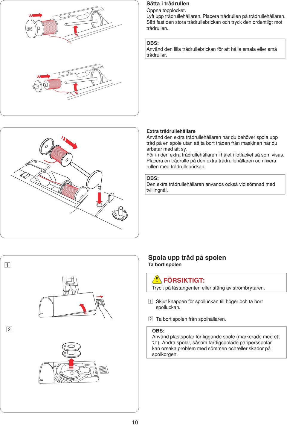 Extra trådrullhållar Använd dn xtra trådrullhållarn när du bhövr spola upp tråd på n spol utan att ta bort trådn från maskinn när du arbtar md att sy.