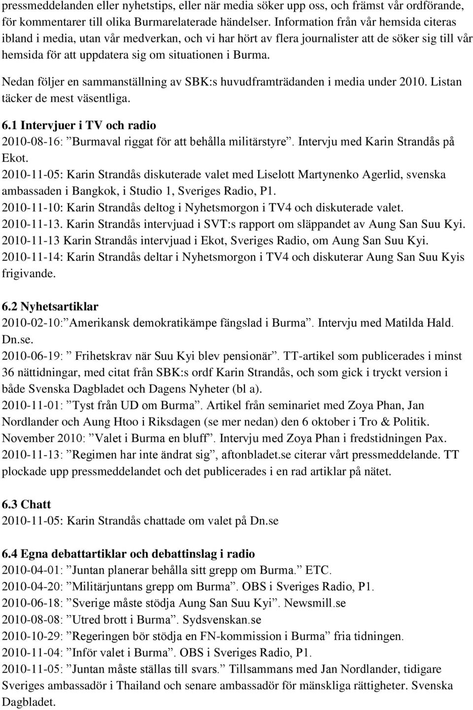 Nedan följer en sammanställning av SBK:s huvudframträdanden i media under 2010. Listan täcker de mest väsentliga. 6.