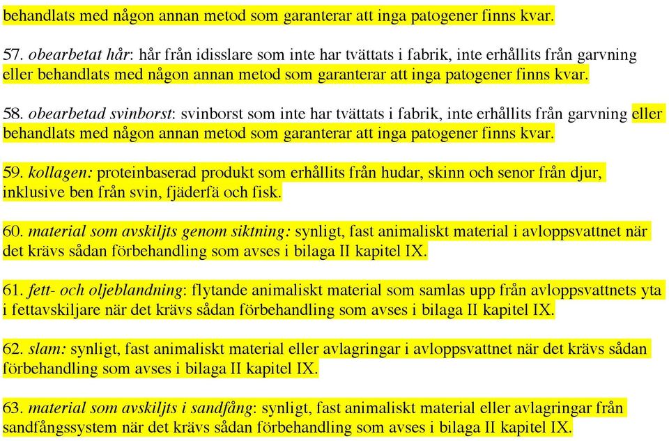 obearbetad svinborst: svinborst som inte har tvättats i fabrik, inte erhållits från garvning eller behandlats med någon annan metod som garanterar att inga patogener finns kvar. 59.