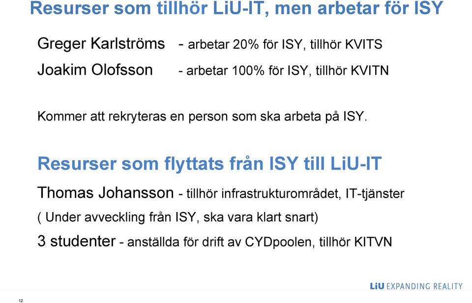 Resurser som flyttats från ISY till LiU-IT Thomas Johansson - tillhör infrastrukturområdet, IT-tjänster (