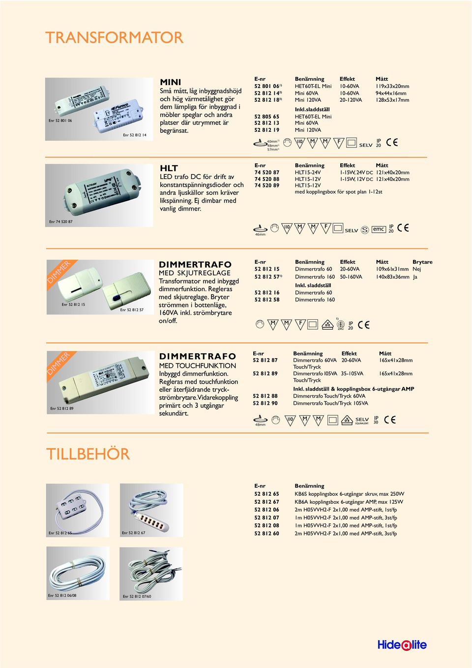 sladdställ 52 805 65 HET60T-EL Mini 52 812 13 Mini 60VA 52 812 19 Mini 120VA 40mm 1) 48mm 2) 57mm 3) HLT LED trafo DC för drift av konstantspänningsdioder och andra ljuskällor som kräver likspänning.