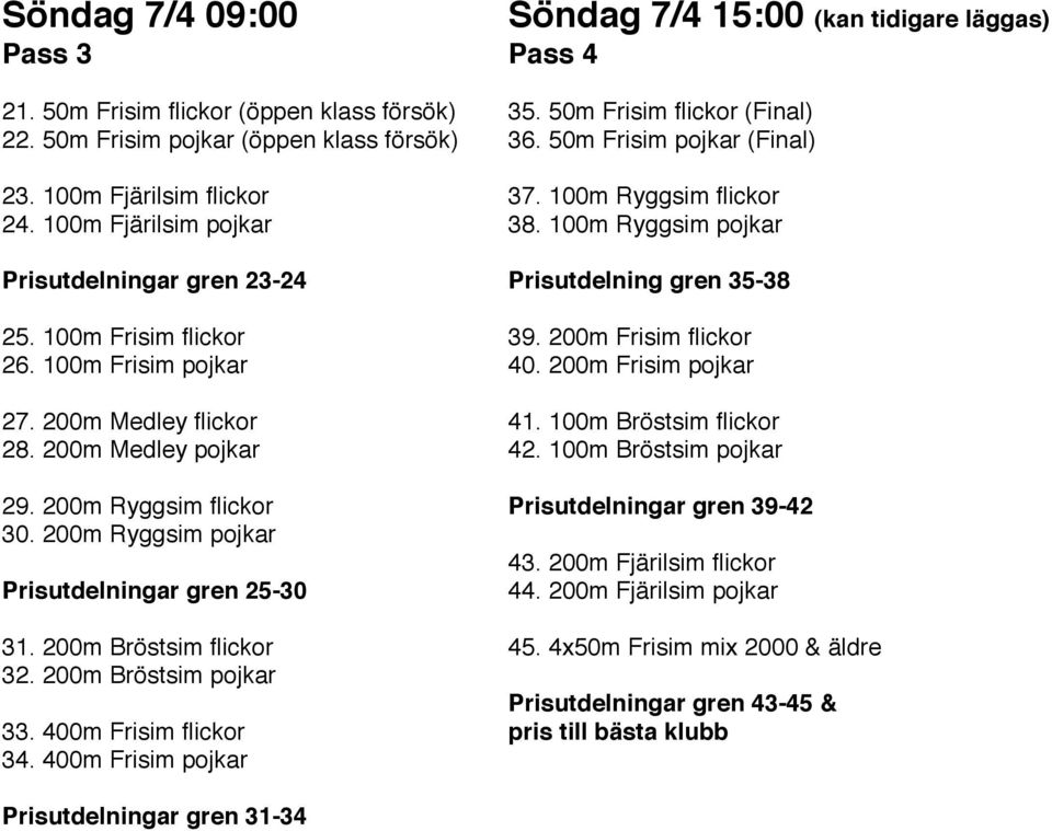 200m Bröstsim pojkar 33. 400m Frisim flickor 34. 400m Frisim pojkar Söndag 7/4 15:00 (kan tidigare läggas) Pass 4 35. 50m Frisim flickor (Final) 36. 50m Frisim pojkar (Final) 37.