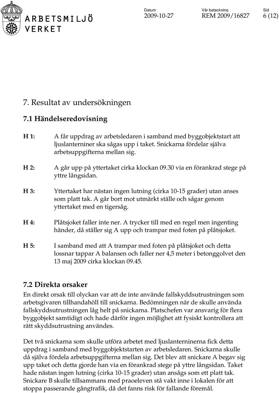 Snickarna fördelar själva arbetsuppgifterna mellan sig. A går upp på yttertaket cirka klockan 09.30 via en förankrad stege på yttre långsidan.