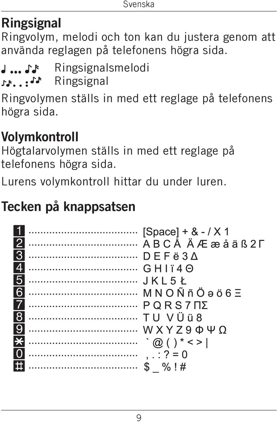 Ringsignalsmelodi Ringsignal Ringvolymen ställs in med ett reglage på  Volymkontroll