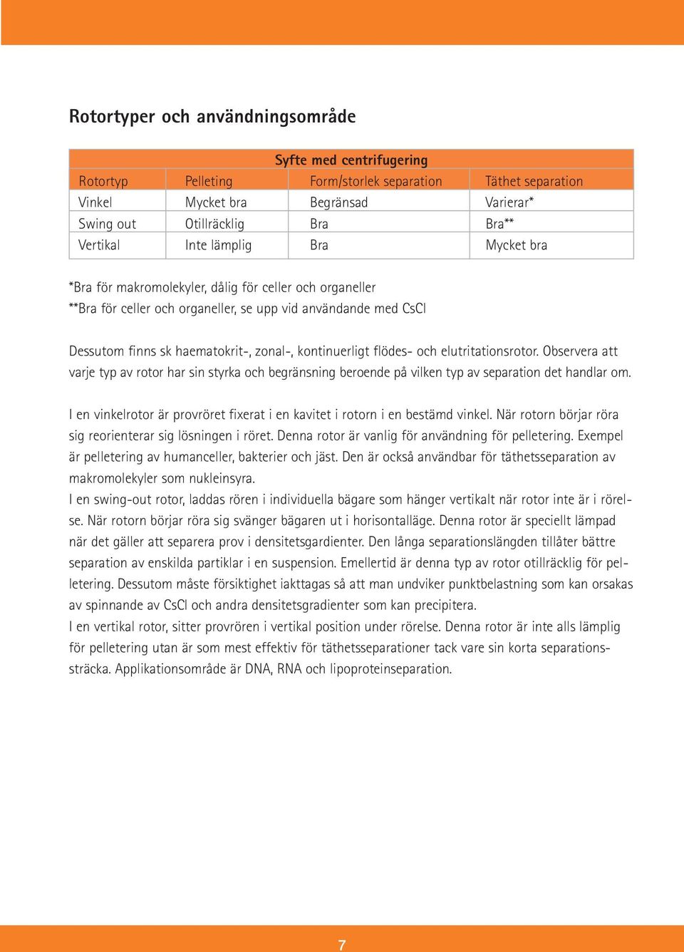 kontinuerligt flödes- och elutritationsrotor. Observera att varje typ av rotor har sin styrka och begränsning beroende på vilken typ av separation det handlar om.