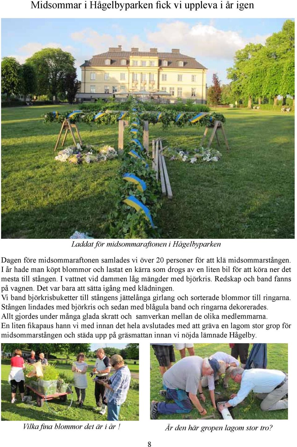 Det var bara att sätta igång med klädningen. Vi band björkrisbuketter till stångens jättelånga girlang och sorterade blommor till ringarna.