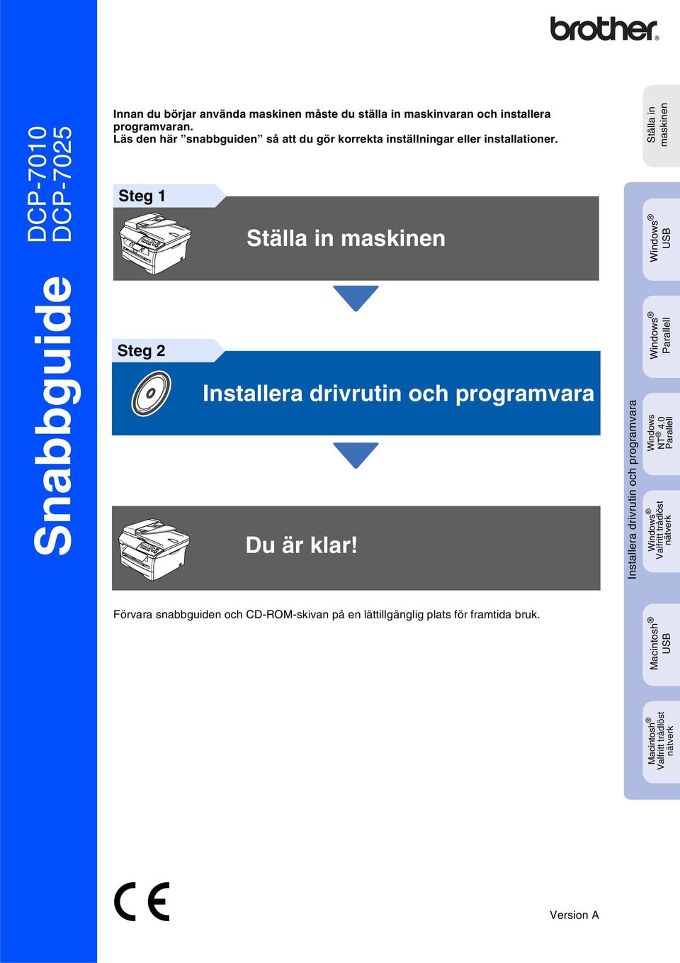 Steg 1 Ställa in maskinen Ställa in maskinen Windows USB Snabbguide Steg 2 Du är klar! Windows Parallell Windows NT 4.