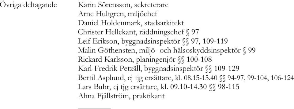 hälsoskyddsinspektör 99 Rickard Karlsson, planingenjör 100-108 Karl-Fredrik Petzäll, byggnadsinspektör 109-129 Bertil