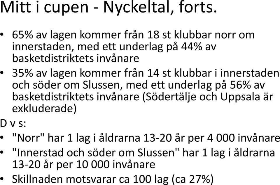 lagen kommer från 14 st klubbar i innerstaden och söder om Slussen, med ett underlag på 56% av basketdistriktets invånare