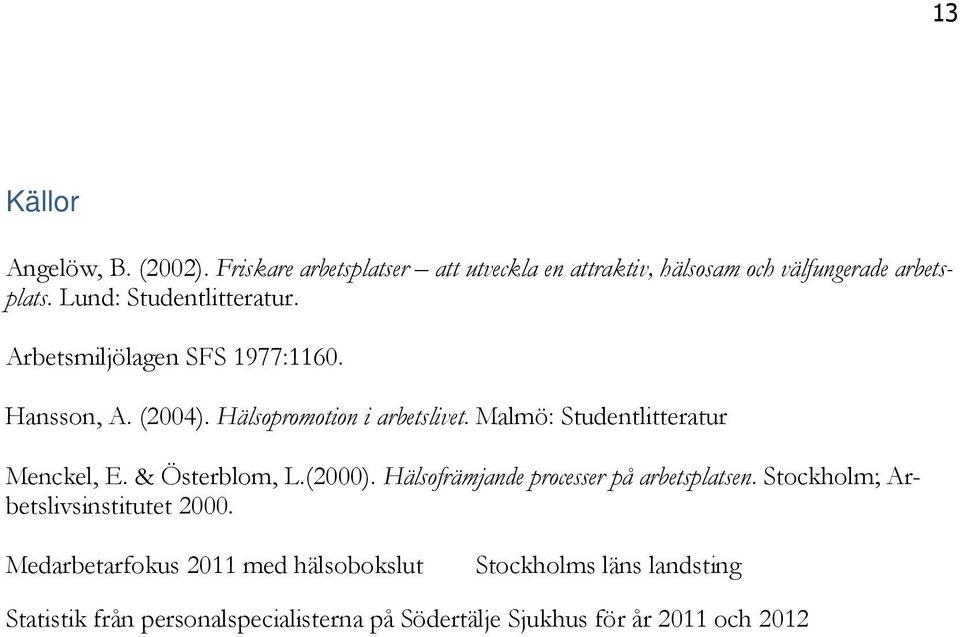 Malmö: Studentlitteratur Menckel, E. & Österblom, L.(2000). Hälsofrämjande processer på arbetsplatsen.