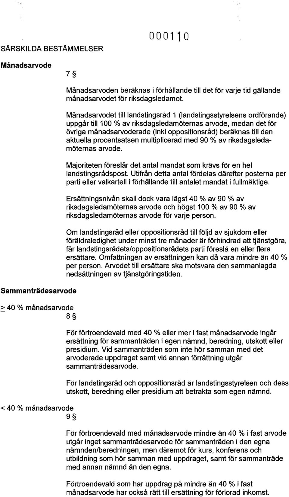 Månadsarvodet till landstingsråd 1 (landstingsstyrelsens ordförande) uppgår till 100 % av riksdagsledamöternas arvode, medan det för övriga månadsarvoderade (inkl oppositionsråd) beräknas till den