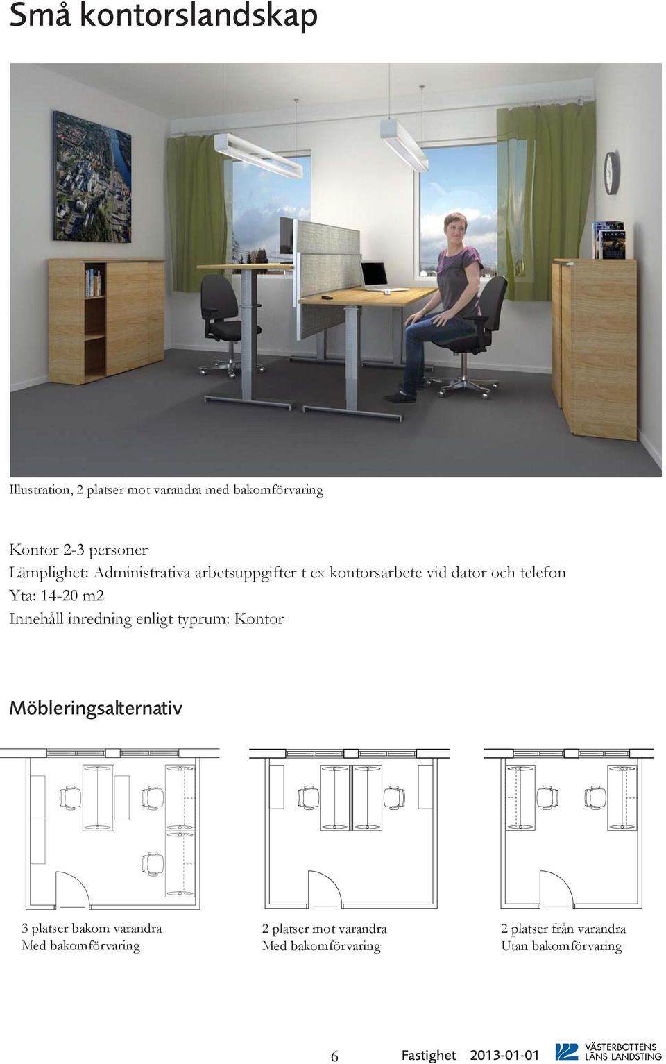 m2 Innehåll inredning enligt typrum: Kontor Möbleringsalternativ 3 platser bakom varandra Med