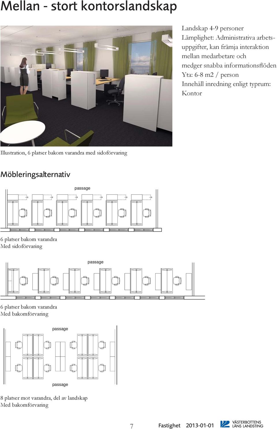 typrum: Kontor Illustration, 6 platser bakom varandra med sidoförvaring Möbleringsalternativ 6 platser bakom