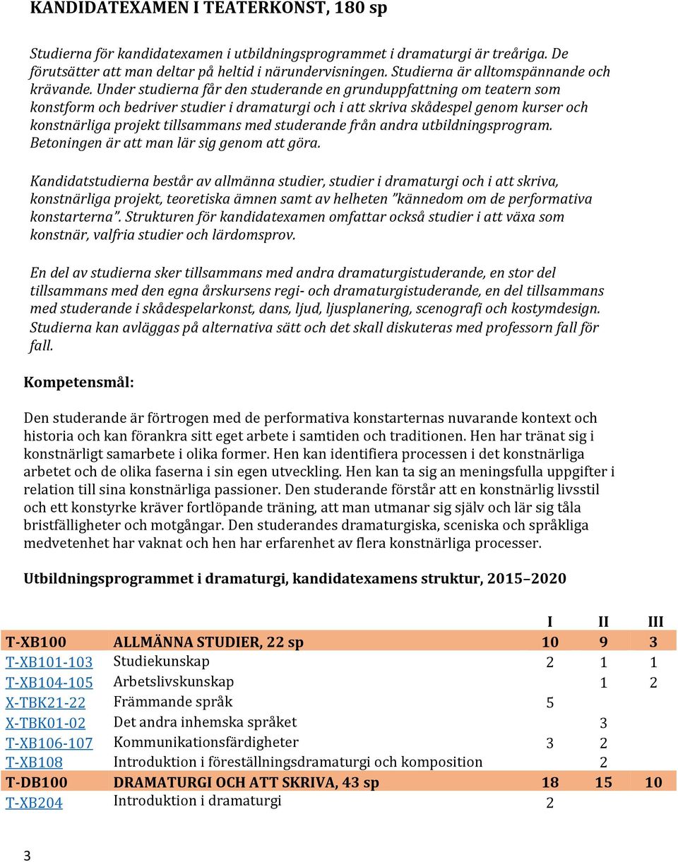 Under studierna får den studerande en grunduppfattning om teatern som konstform och bedriver studier i dramaturgi och i att skriva skådespel genom kurser och konstnärliga projekt tillsammans med