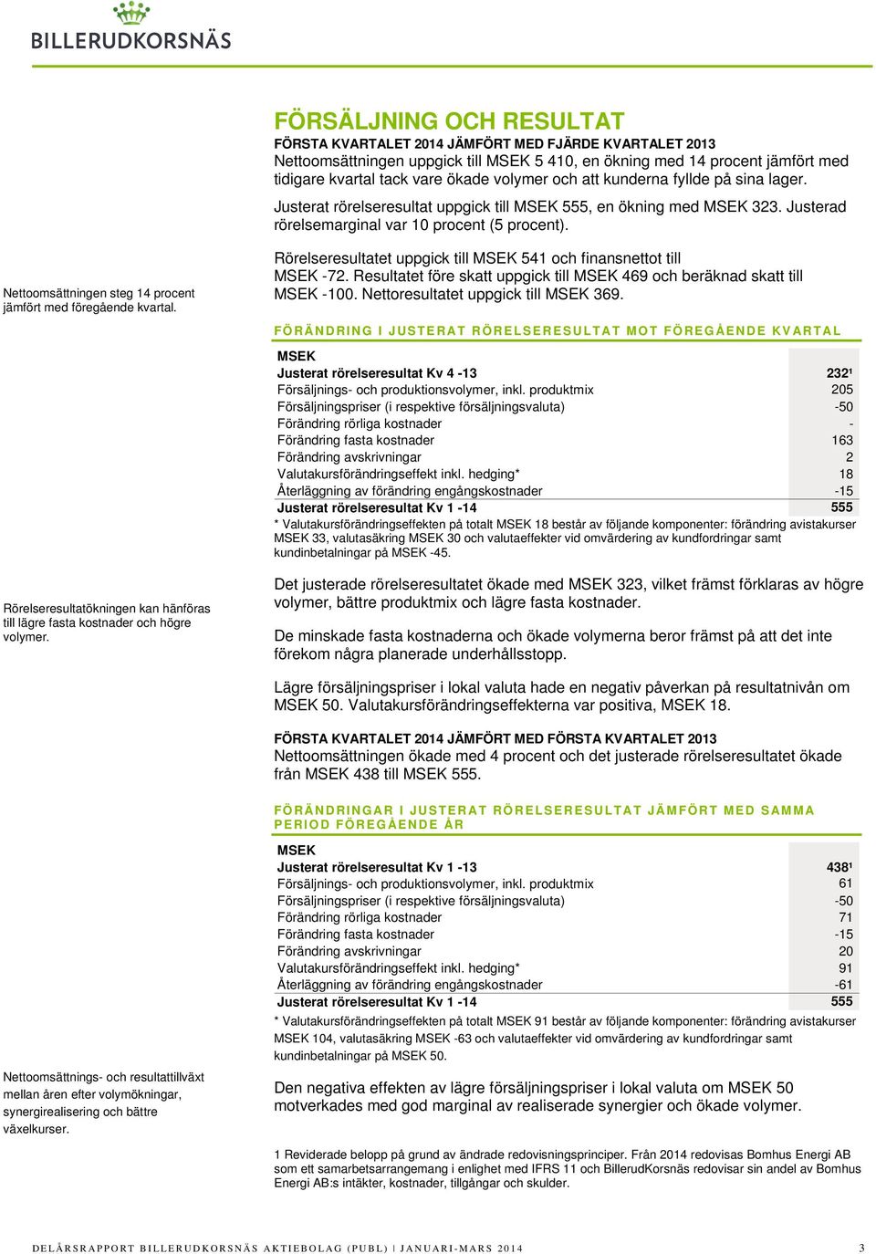 Nettoomsättningen steg 14 procent jämfört med föregående kvartal. Rörelseresultatet uppgick till MSEK 541 och finansnettot till MSEK -72.