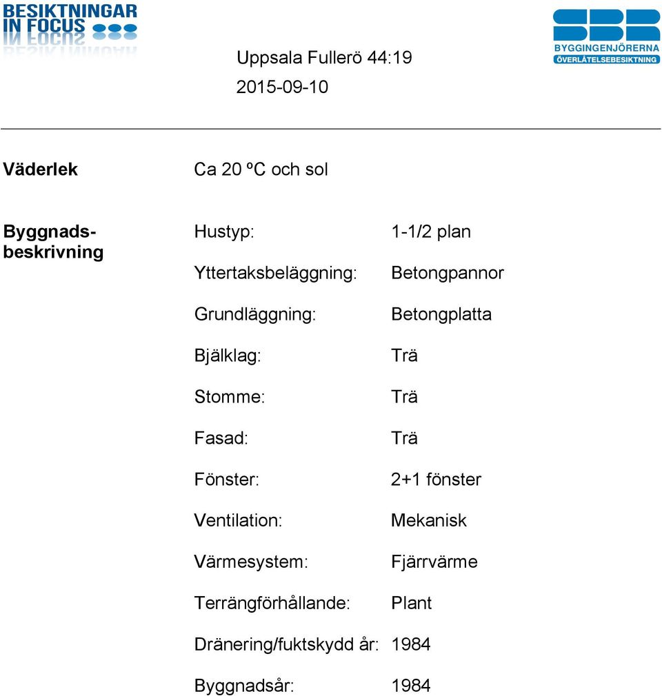 Terrängförhållande: Dränering/fuktskydd år: Byggnadsår: 1-1/2 plan