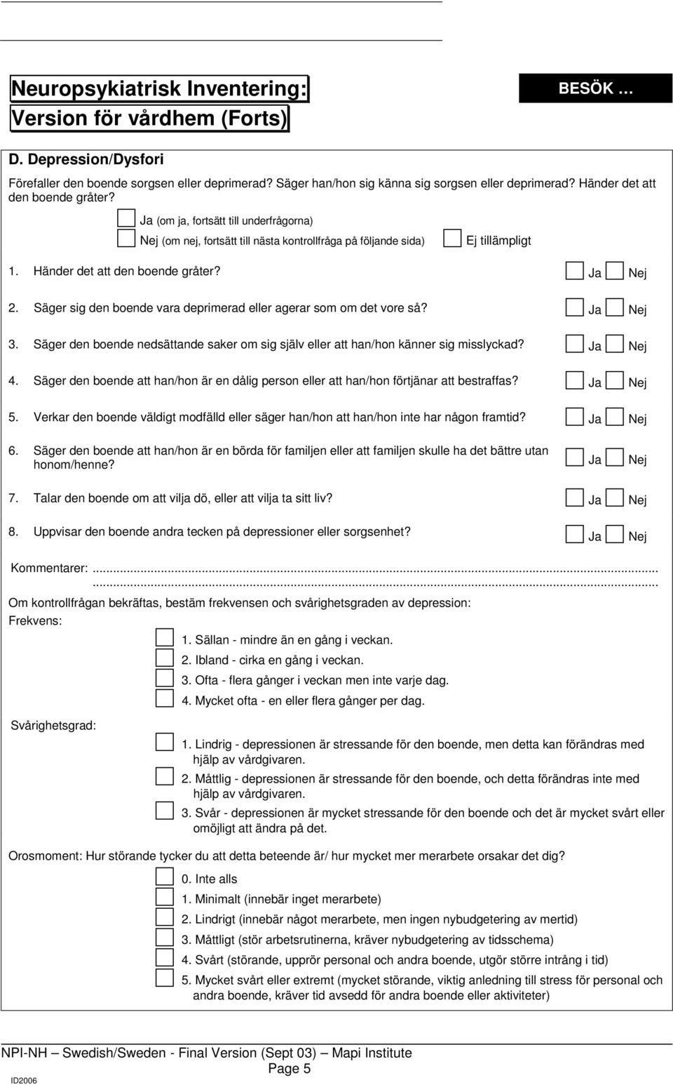 Säger sig den boende vara deprimerad eller agerar som om det vore så? 3. Säger den boende nedsättande saker om sig själv eller att han/hon känner sig misslyckad? 4.
