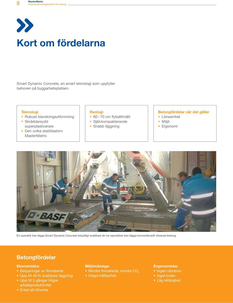 det gäller Lönsamhet Miljö Ergonomi En operatör kan lägga Smart Dynamic Concrete betydligt snabbare än tre operatörer kan lägga konventionellt vibrerad betong.