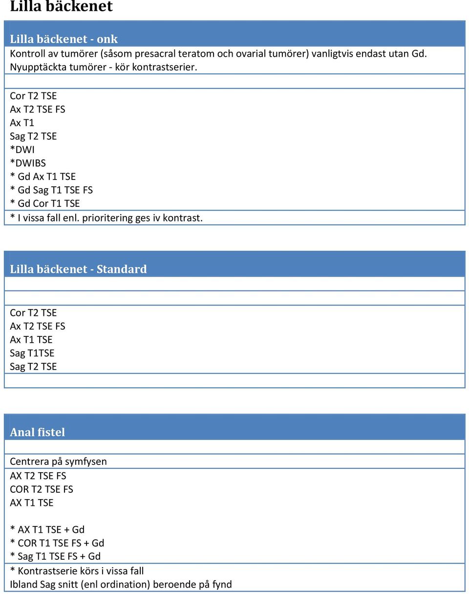 Cor T2 TSE Ax T2 TSE FS Ax T1 Sag T2 TSE *DWI *DWIBS * Gd Ax T1 TSE * Gd Sag T1 TSE FS * Gd Cor T1 TSE * I vissa fall enl. prioritering ges iv kontrast.