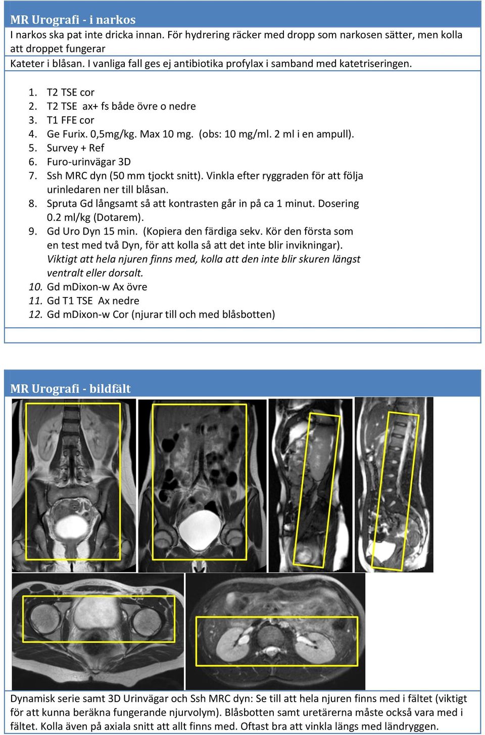 2 ml i en ampull). 5. Survey + Ref 6. Furo-urinvägar 3D 7. Ssh MRC dyn (50 mm tjockt snitt). Vinkla efter ryggraden för att följa urinledaren ner till blåsan. 8.