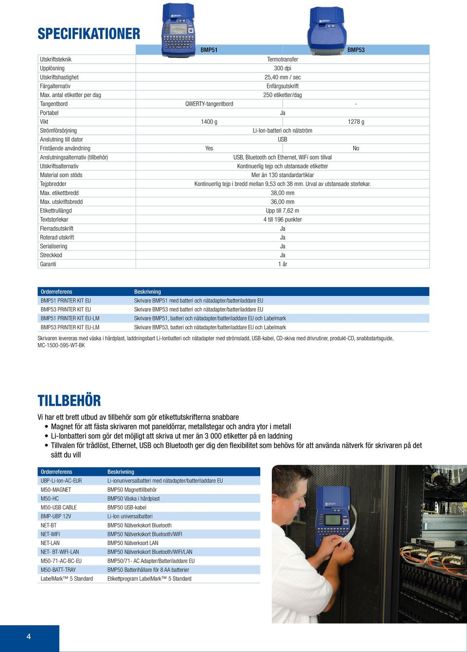 Yes No Anslutningsalternativ (tillbehör) USB, Bluetooth och Ethernet, WiFi som tillval Utskriftsalternativ Kontinuerlig tejp och utstansade etiketter Material som stöds Mer än 130 standardartiklar