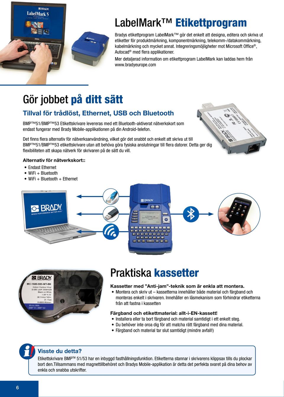 com Gör jobbet på ditt sätt Tillval för trådlöst, Ethernet, USB och Bluetooth BMP 51/BMP 53 Etikettskrivare levereras med ett Bluetooth-aktiverat nätverkskort som endast fungerar med Brady