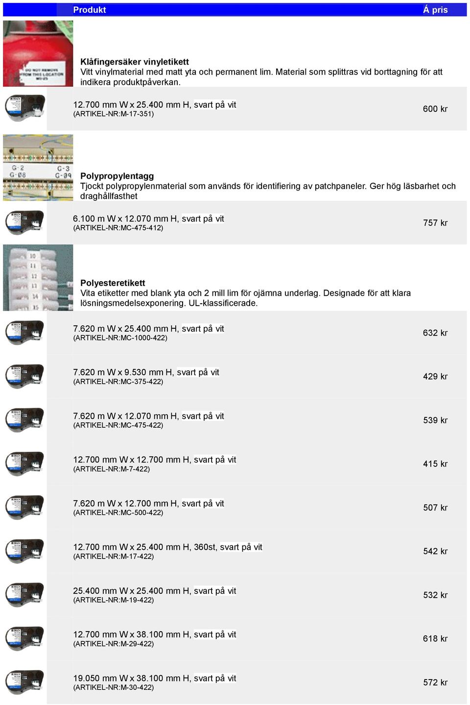 070 mm H, svart på vit (ARTIKEL-NR:MC-475-412) 757 kr...polyesteretikett...vita etiketter med blank yta och 2 mill lim för ojämna underlag. Designade för att klara...lösningsmedelsexponering.