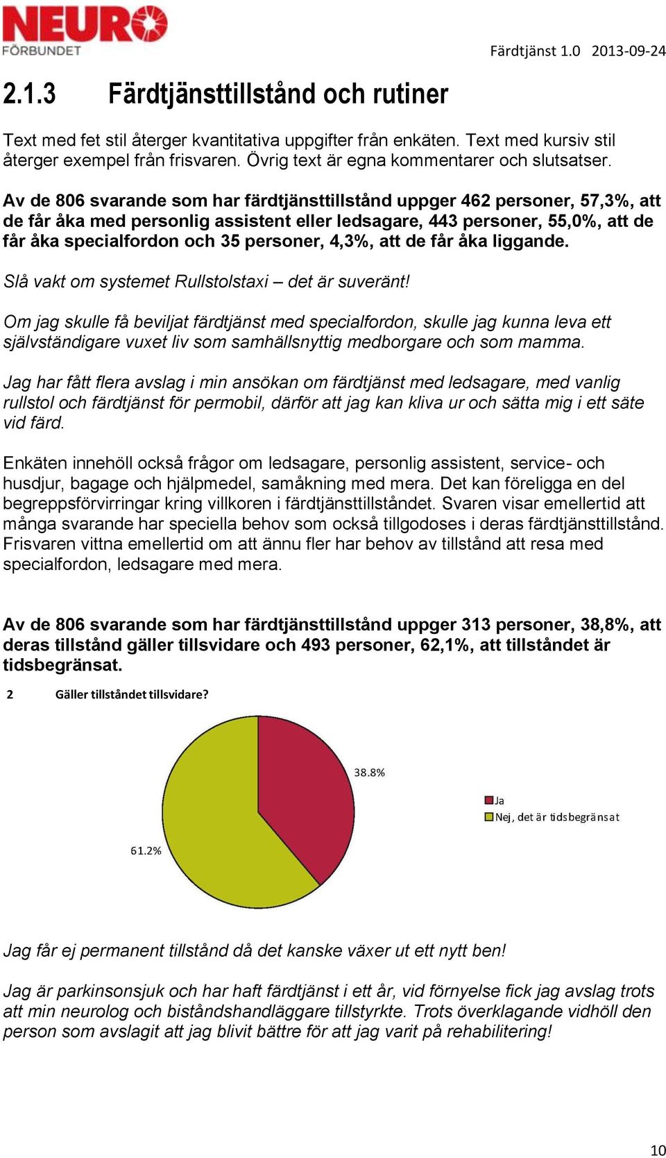 Av de 806 svarande som har färdtjänsttillstånd uppger 462 personer, 57,3%, att de får åka med personlig assistent eller ledsagare, 443 personer, 55,0%, att de får åka specialfordon och 35 personer,