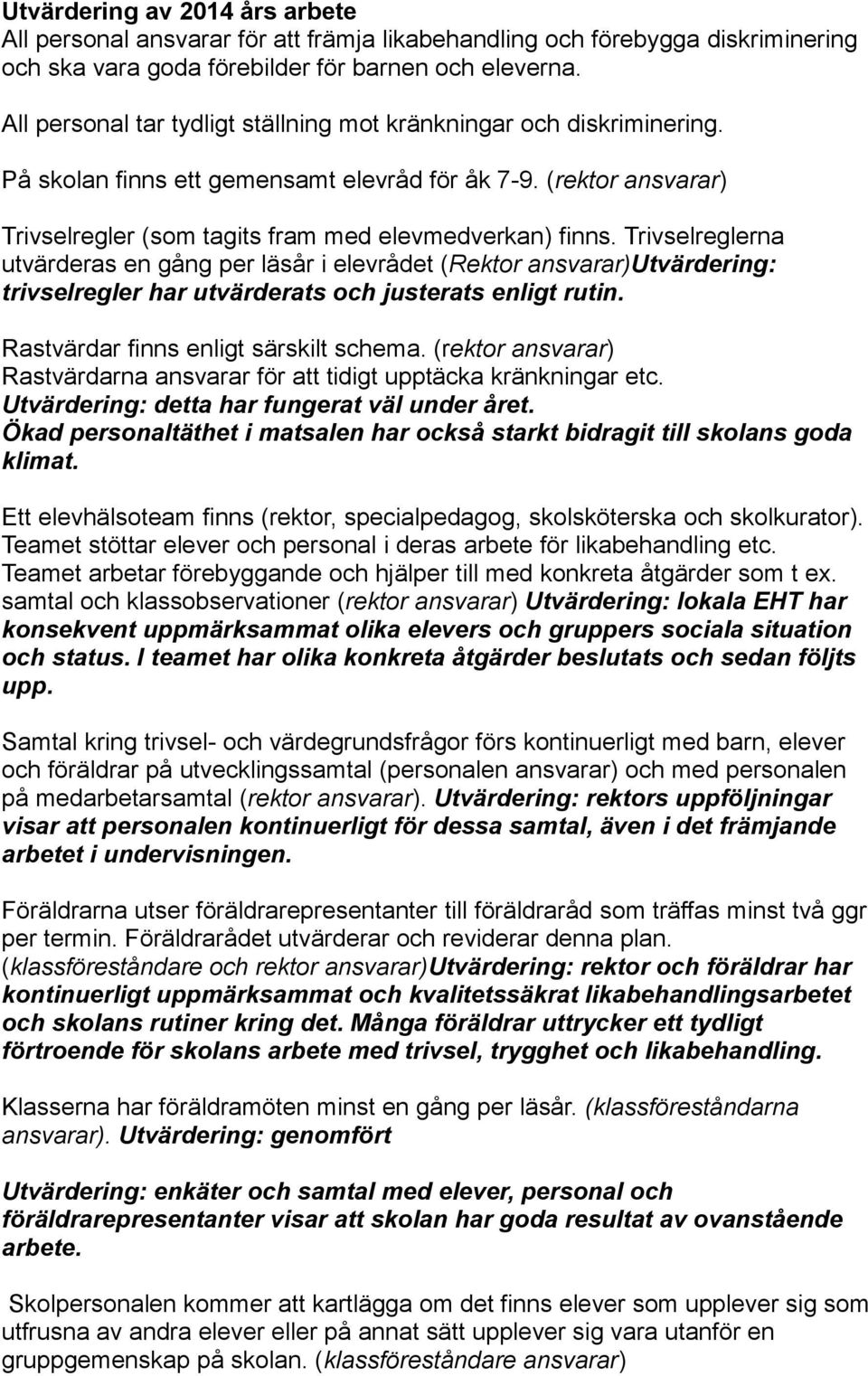 Trivselreglerna utvärderas en gång per läsår i elevrådet (Rektor ansvarar)utvärdering: trivselregler har utvärderats och justerats enligt rutin. Rastvärdar finns enligt särskilt schema.