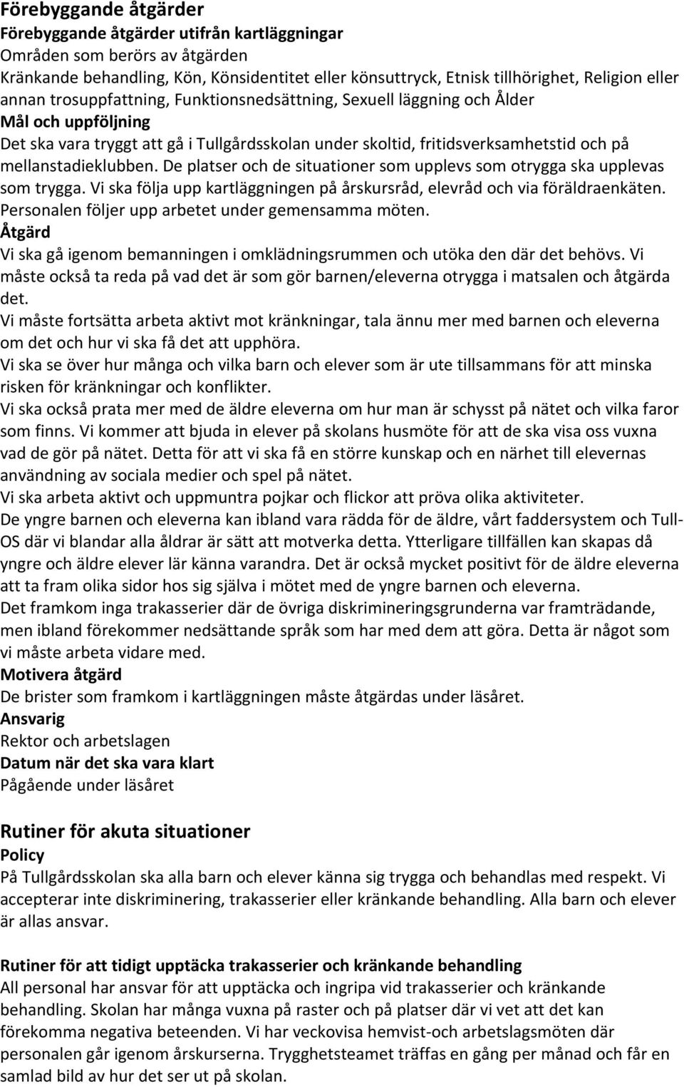 De platser och de situationer som upplevs som otrygga ska upplevas som trygga. Vi ska följa upp kartläggningen på årskursråd, elevråd och via föräldraenkäten.