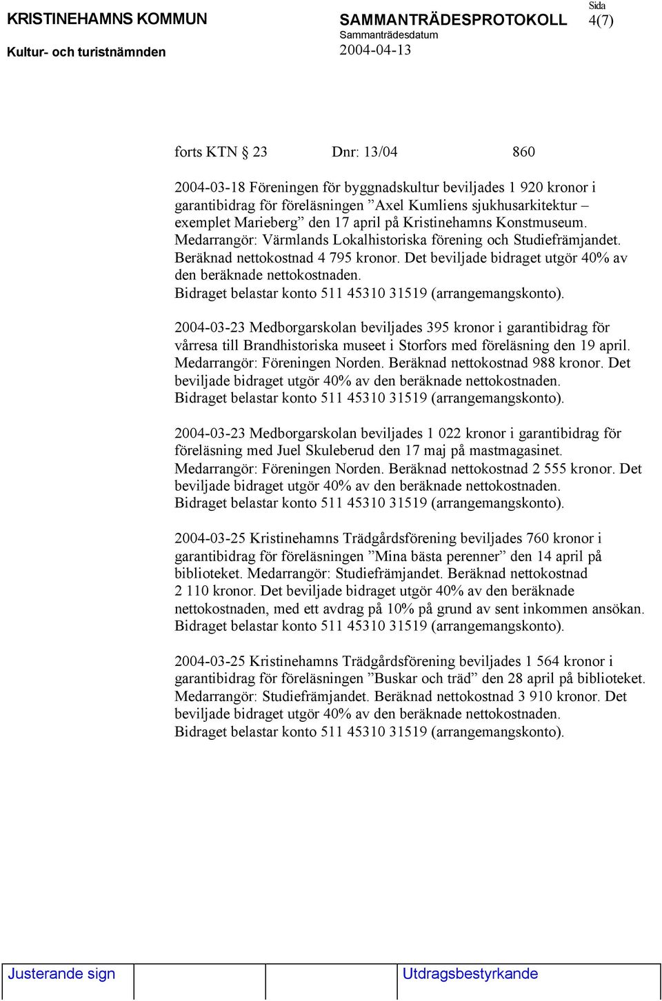 2004-03-23 Medborgarskolan beviljades 395 kronor i garantibidrag för vårresa till Brandhistoriska museet i Storfors med föreläsning den 19 april. Medarrangör: Föreningen Norden.