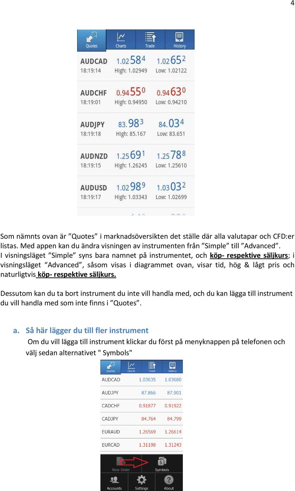 I visningsläget Simple syns bara namnet på instrumentet, och köp- respektive säljkurs; i visningsläget Advanced, såsom visas i diagrammet ovan, visar tid, hög & lågt pris