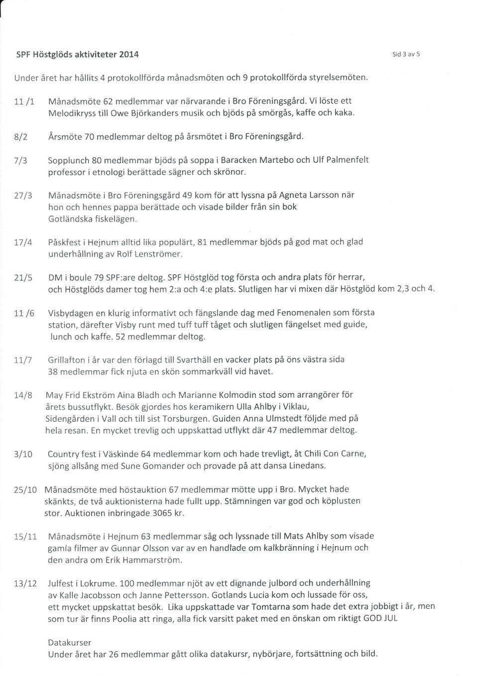 7/3 Sopplunch 80 medlemmar bjöds på soppa i Baracken Martebo och Ulf Palmenfelt professor i etnologi berättade sägner och skrönor.