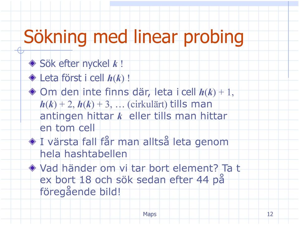 antingen hittar k eller tills man hittar en tom cell I värsta fall får man alltså leta genom