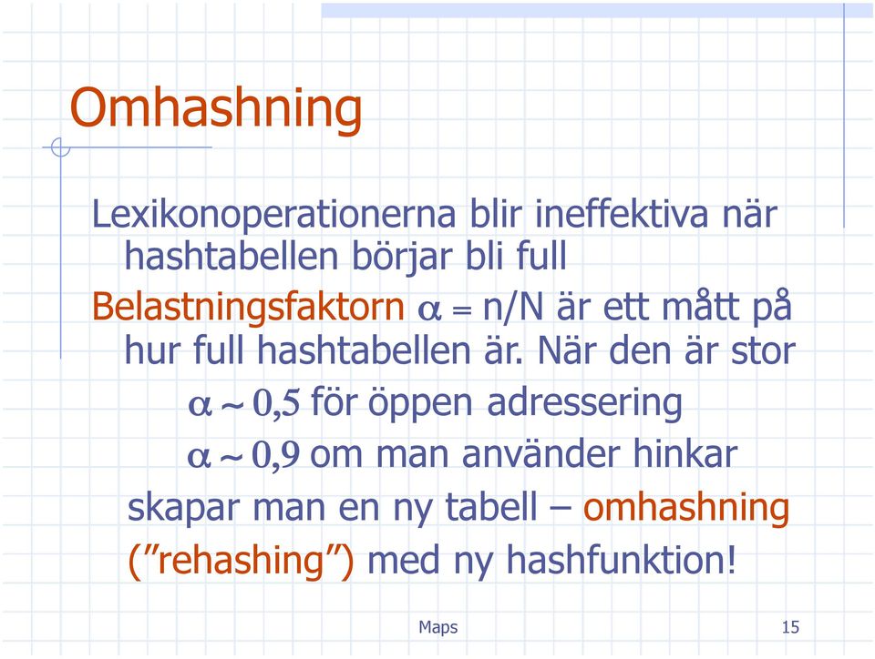 är. När den är stor α 0,5 för öppen adressering α 0,9 om man använder