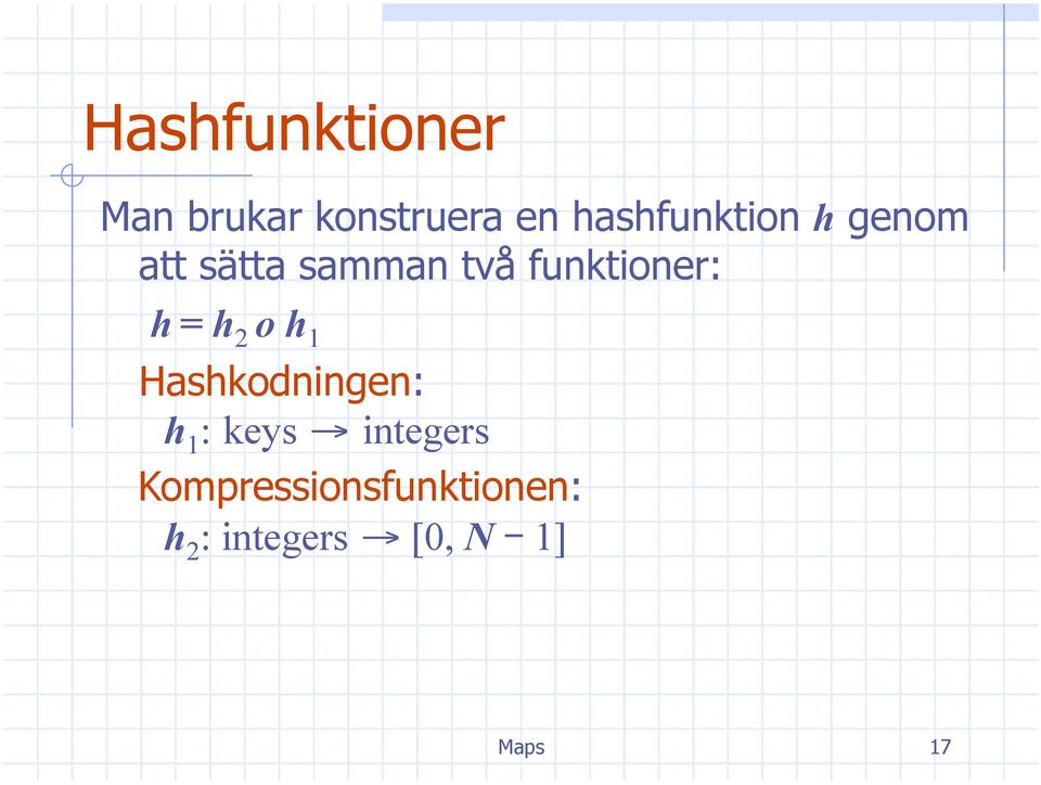 funktioner: h = h 2 o h 1 Hashkodningen: h 1 :