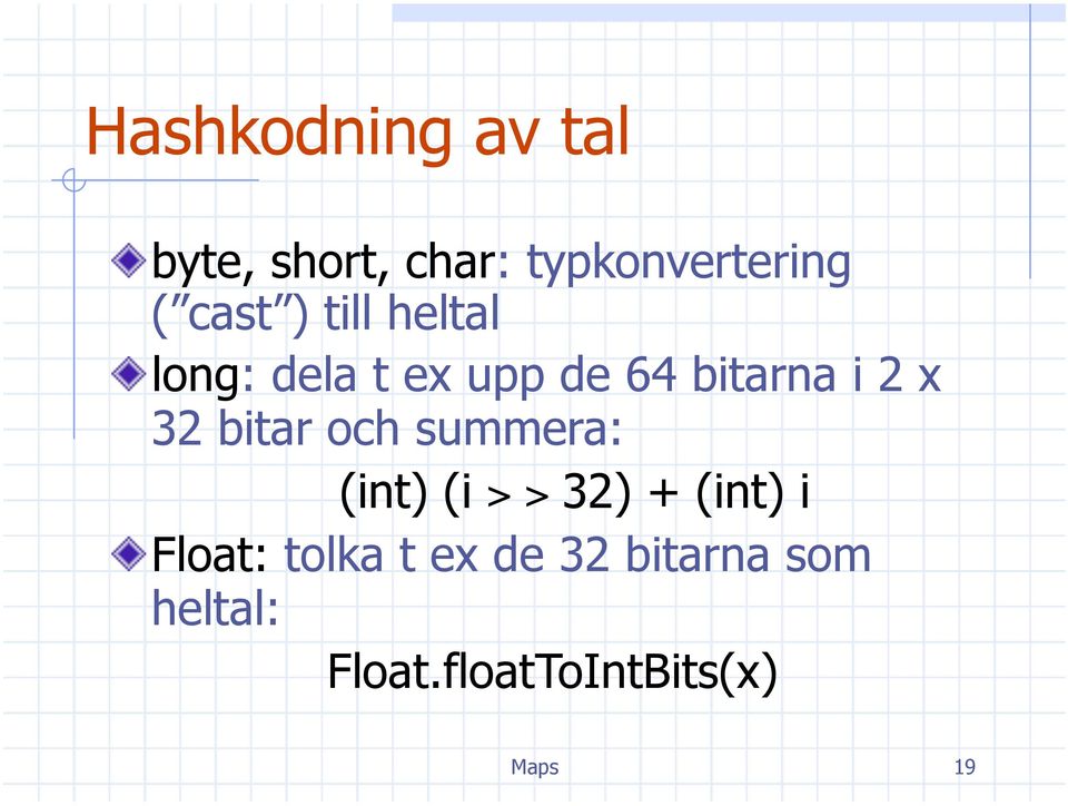 32 bitar och summera: (int) (i > > 32) + (int) i Float: