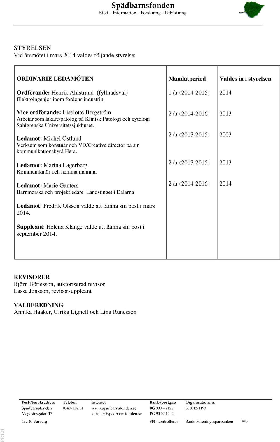 Ledamot: Marina Lagerberg Kommunikatör och hemma mamma Ledamot: Marie Ganters Barnmorska och projektledare Landstinget i Dalarna Ledamot: Fredrik Olsson valde att lämna sin post i mars 2014.