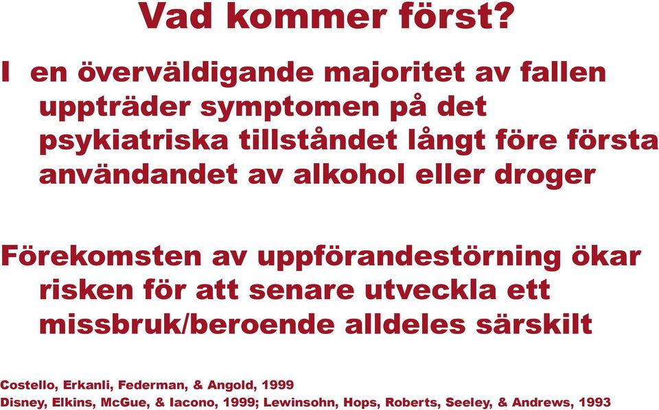 före första användandet av alkohol eller droger Förekomsten av uppförandestörning ökar risken för att