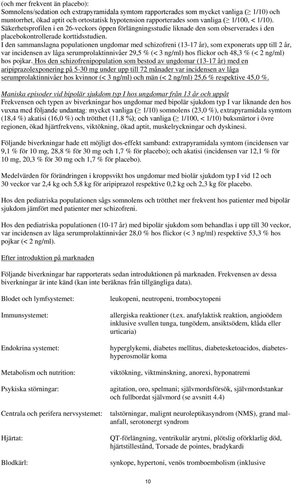 I den sammanslagna populationen ungdomar med schizofreni (13-17 år), som exponerats upp till 2 år, var incidensen av låga serumprolaktinnivåer 29,5 % (< 3 ng/ml) hos flickor och 48,3 % (< 2 ng/ml)