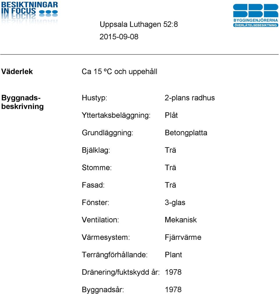 Ventilation: Värmesystem: Terrängförhållande: Dränering/fuktskydd år: