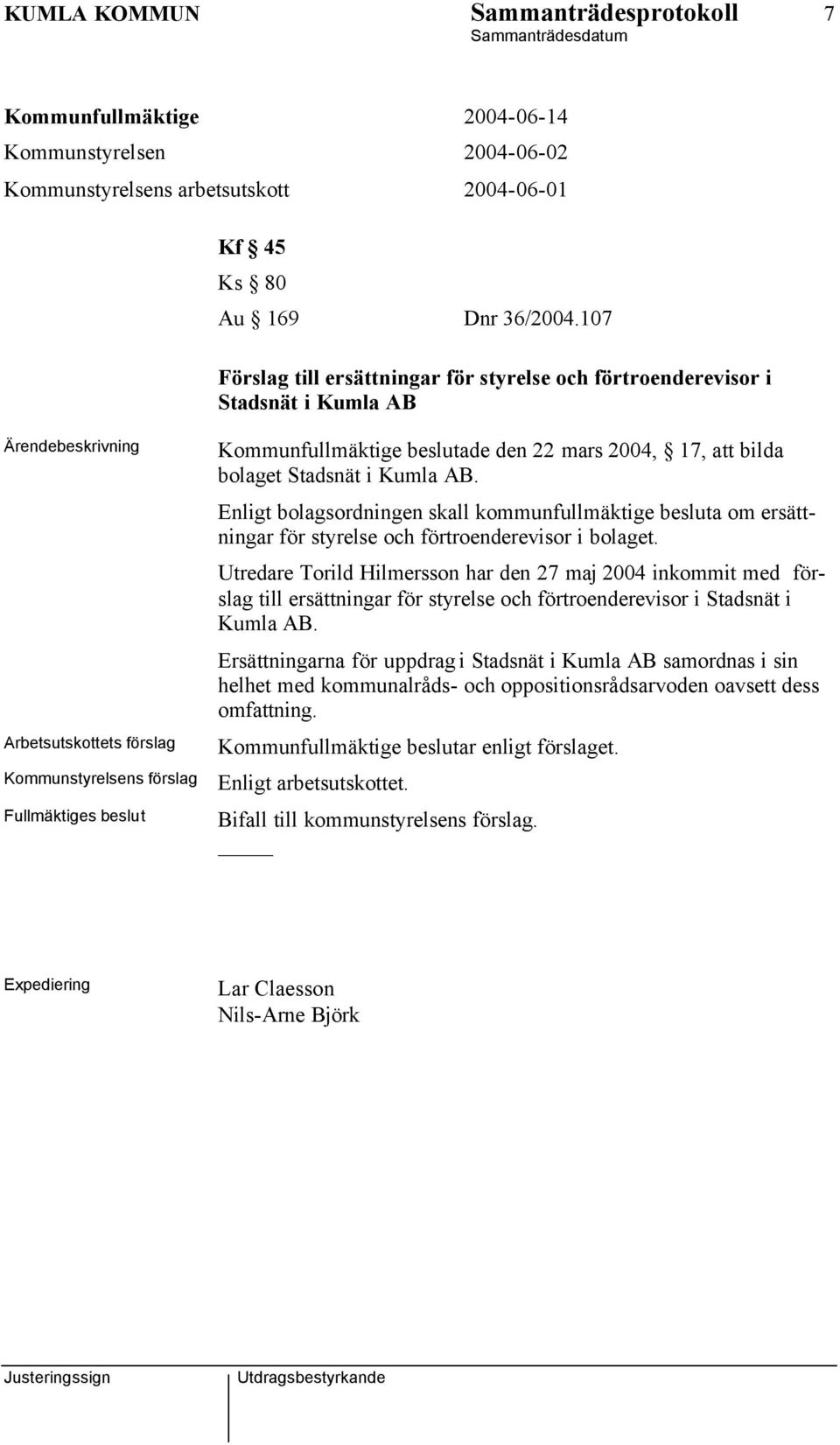 bolaget Stadsnät i Kumla AB. Enligt bolagsordningen skall kommunfullmäktige besluta om ersättningar för styrelse och förtroenderevisor i bolaget.