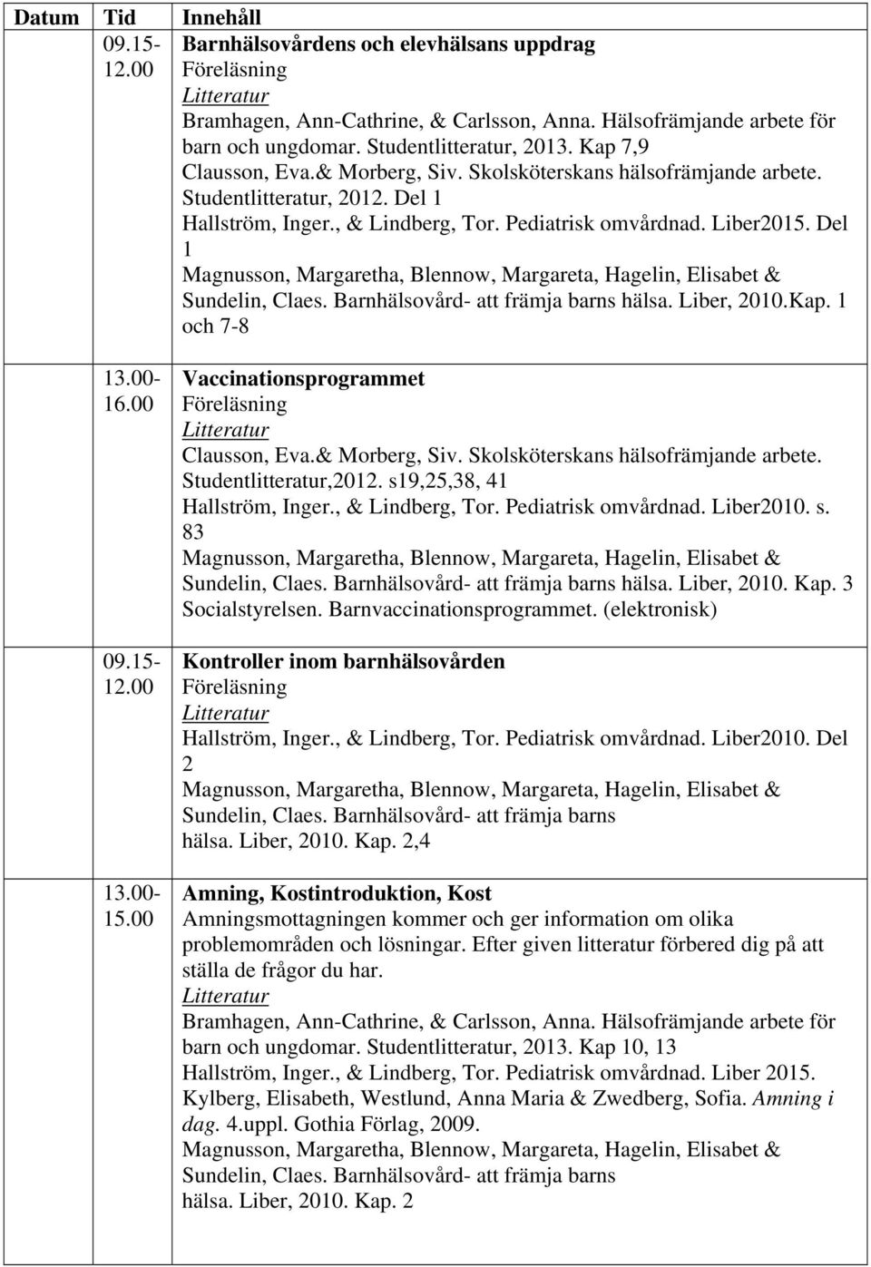 , & Lindberg, Tor. Pediatrisk omvårdnad. Liber2010. s. 83 Sundelin, Claes. Barnhälsovård- att främja barns hälsa. Liber, 2010. Kap. 3 Socialstyrelsen. Barnvaccinationsprogrammet.