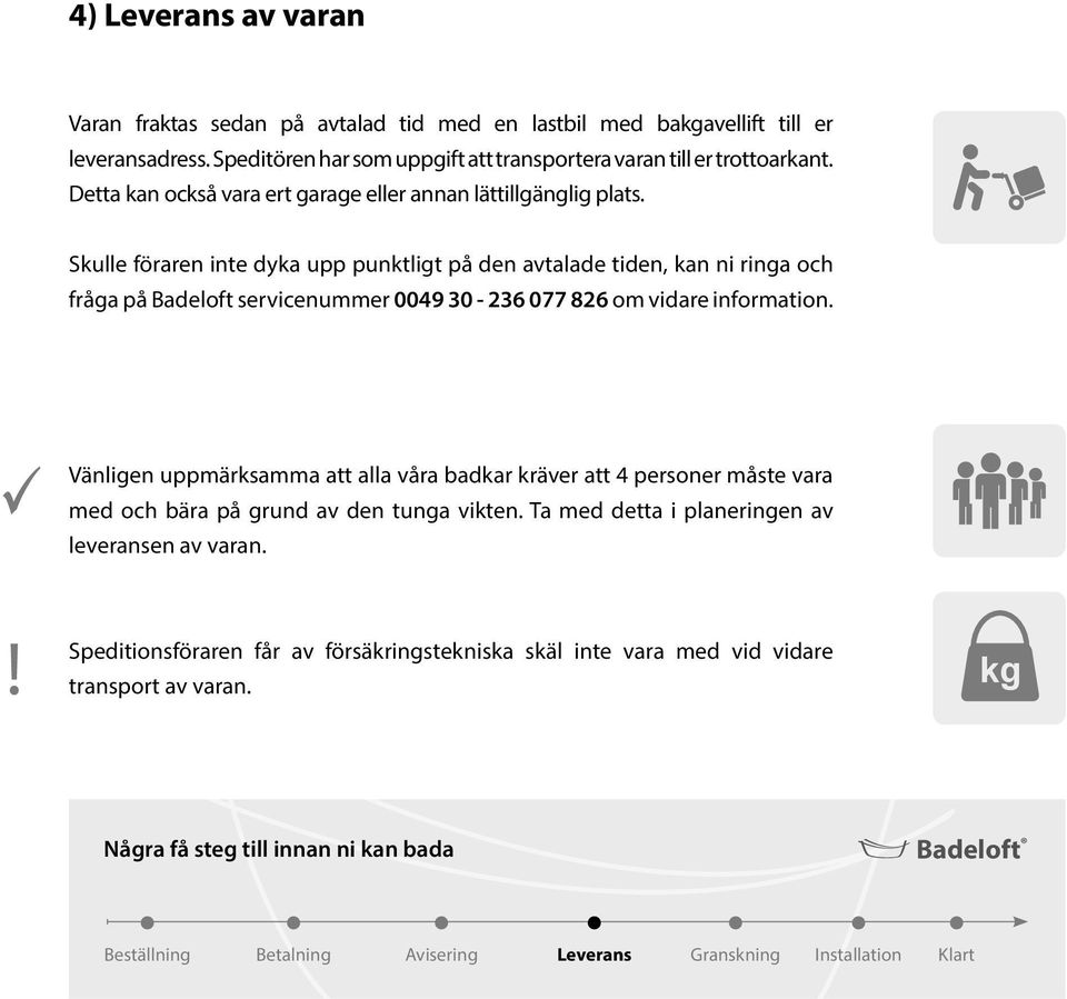 Skulle föraren inte dyka upp punktligt på den avtalade tiden, kan ni ringa och fråga på Badeloft servicenummer 0049 30-236 077 826 om vidare information.