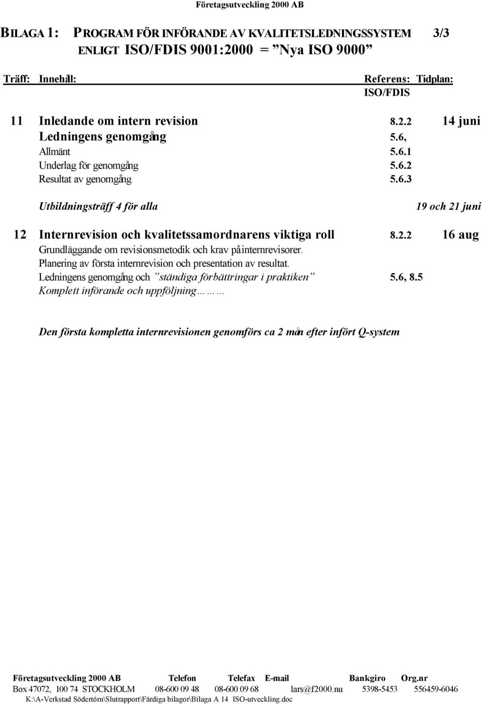 2.2 16 aug Grundläggande om revisionsmetodik och krav på internrevisorer. Planering av första internrevision och presentation av resultat.