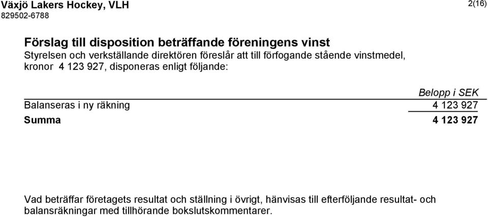 enligt följande: Belopp i SEK Balanseras i ny räkning 4 123 927 Summa 4 123 927 Vad beträffar företagets